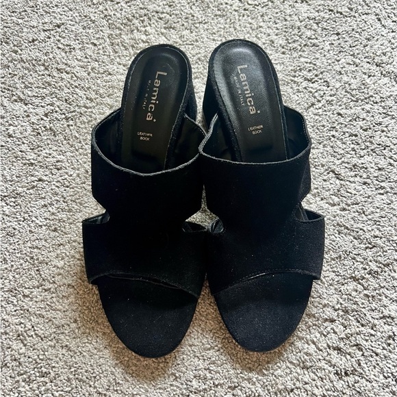 New Lamica Block Heel Sandals Size 40 Black Open Toe Suede Leather pumps - Picture 6 of 6